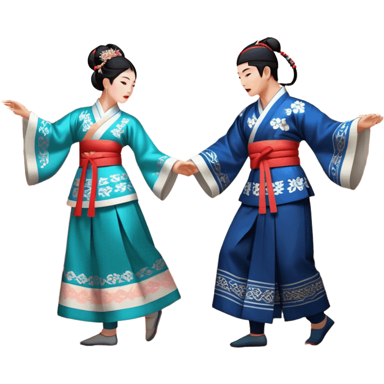 Cinematic Realistic scene of two performers engaging in Ganggangsullae, dressed in traditional Korean costumes with intricate patterns and graceful movements, illuminated by soft, festive lighting that accentuates the cultural ambiance emoji