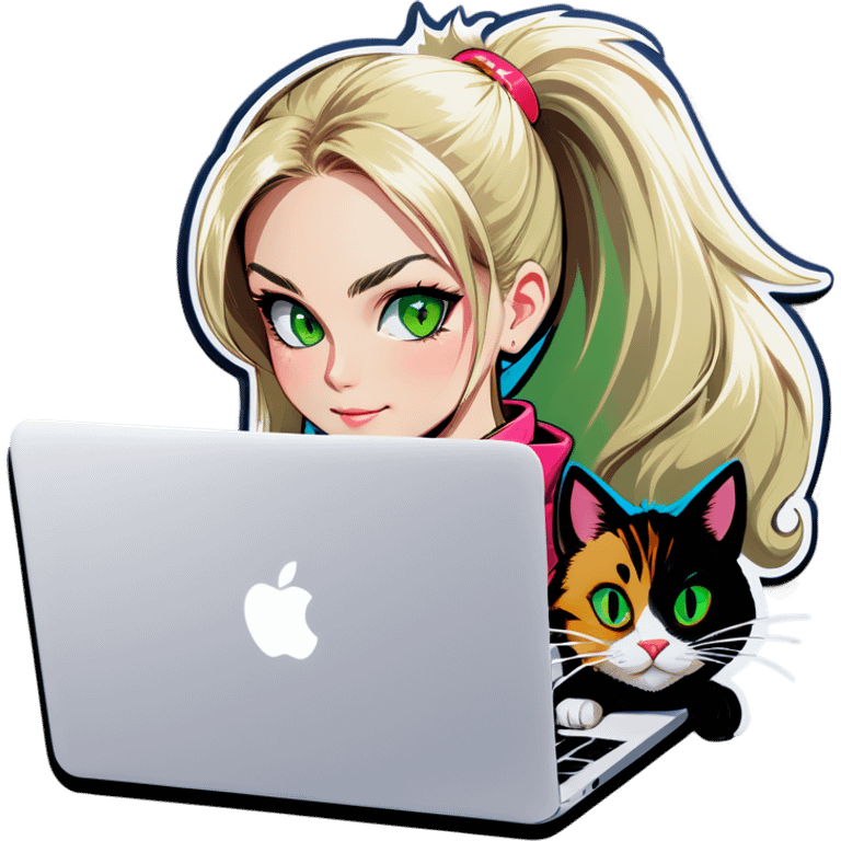 Blonde woman ponytail green eyes with cat and MacBook emoji