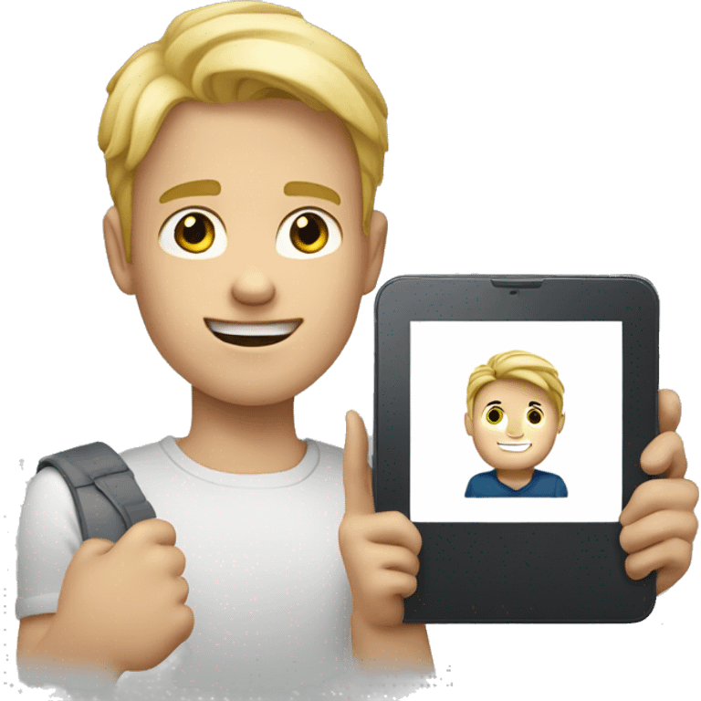 Draw a boy with a tablet computer in his hand. The boy should be blond and handsome.  emoji