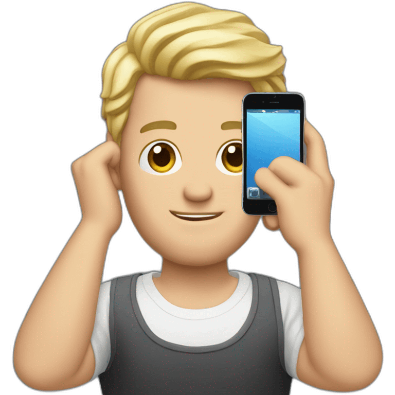 widows peak hair Blonde man holding iPhone in hand emoji