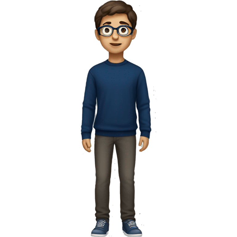 winter, christmas, young boy, short  brown hair, brown eyes, hispanic, dark blue sweater, full body, blue glasses emoji