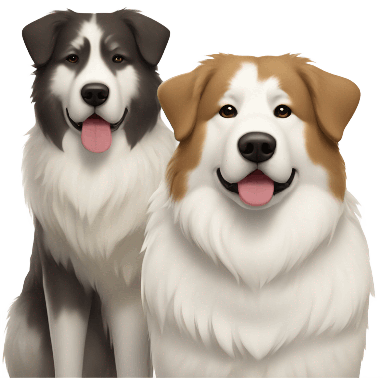 White and brown Great Pyrenees and big dark Akita standing next to each other emoji