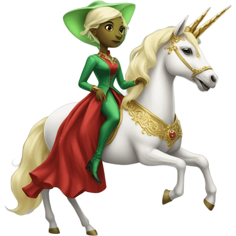 "galora green blonde alien woman" in red Victorian elegant dress, full body, rides unicorn gold and white surrounded by fire
 emoji