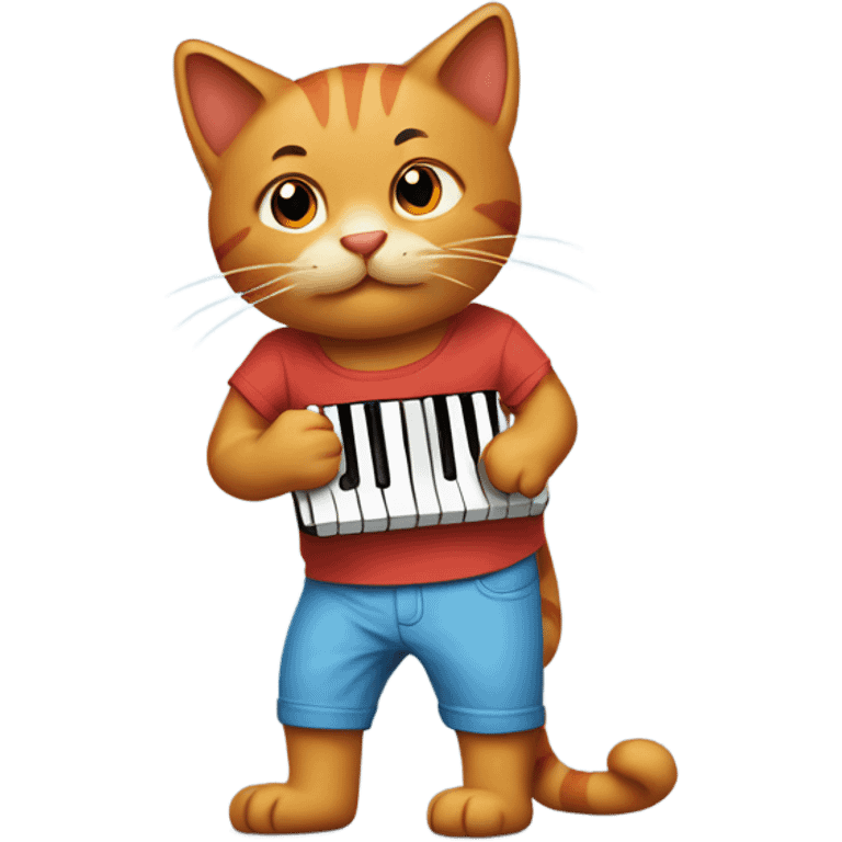 tan-red cat wearing a light-blue t-shirt taps musical keyboard emoji