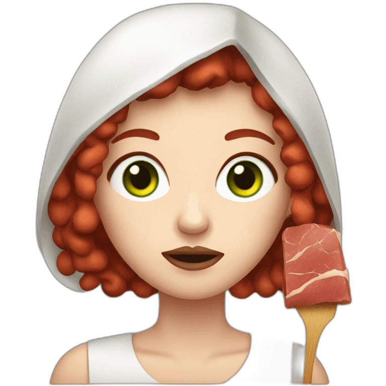 vegan woman white skin red hair green eyes disgusted holding meat emoji