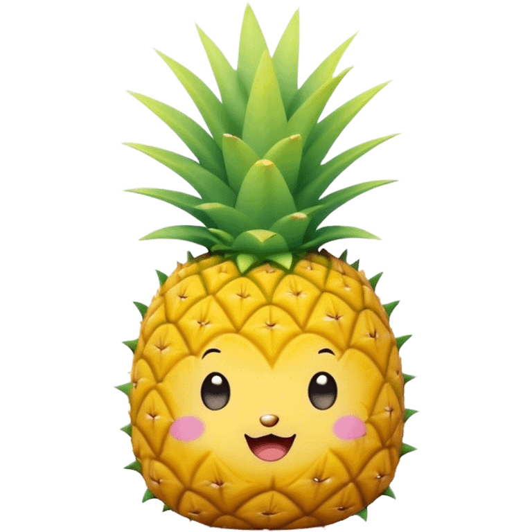 Cute Kawaii Pineapple, tiny and round, bright golden yellow with a spiky green top, chubby cheeks, playful winking expression, soft pastel textures, sweet and tropical vibes! emoji