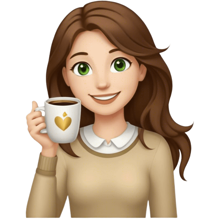 Long, Brown haired girl with middle hair part, green eyes, gold hoop nose ring, smiling, waving with one hand, coffee mug in the other emoji