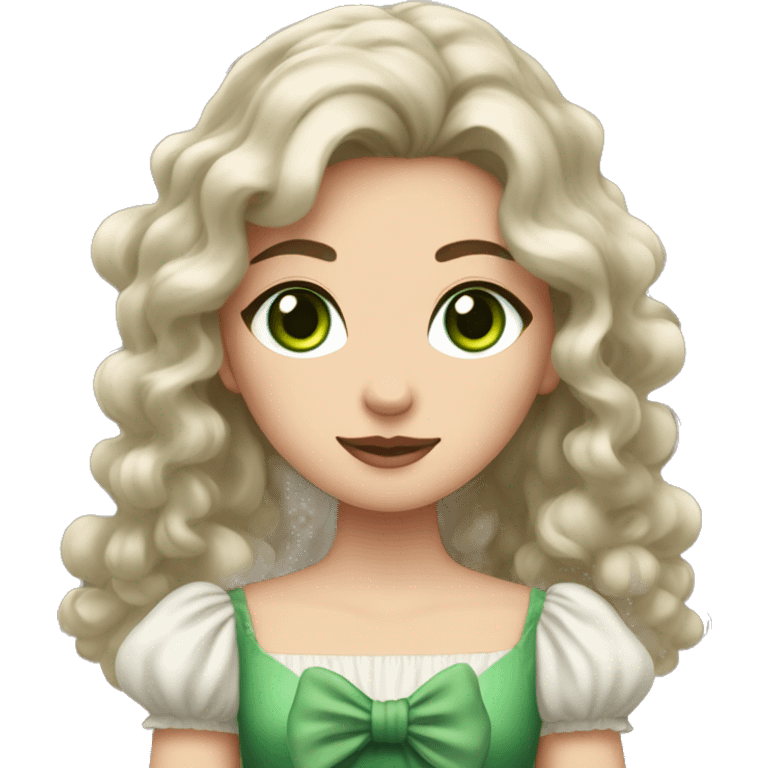 A woman with fair skin and green and eyes, brown long wavy hair, dressed in a dress with fluffy sleeves, holding a bow for shooting emoji