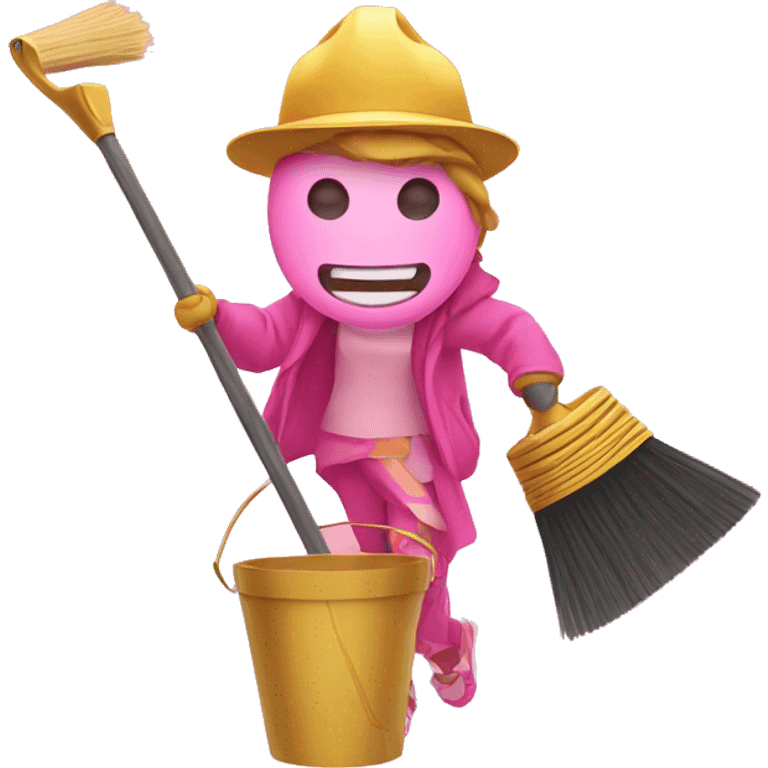 An illustration of an emoji holding a broom, bucket and taking a selfie, in pink and gold colors. emoji