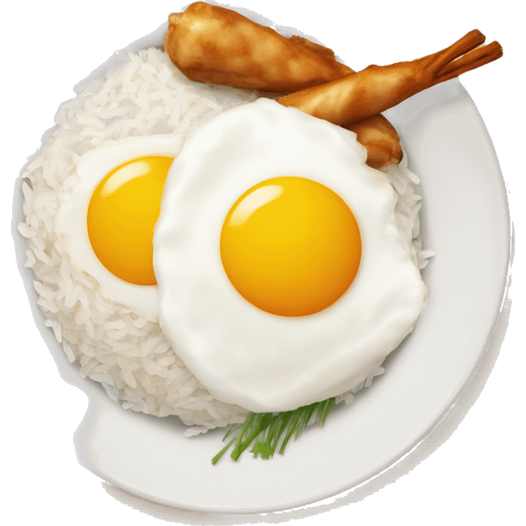 a bowl of rice with double sunny side up eggs and 2 chicken drumstick emoji