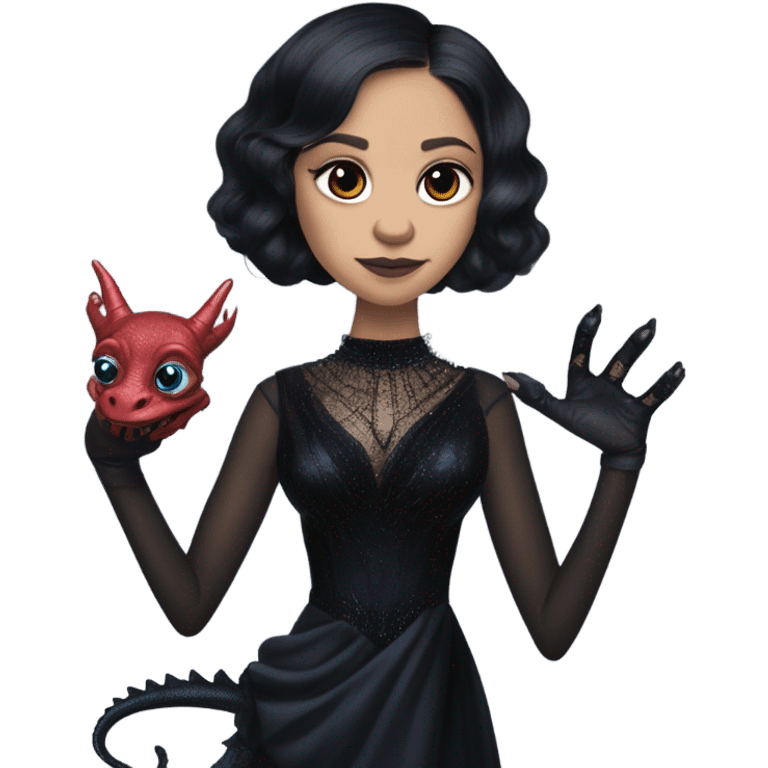 relaxed low cut back silk black evening gown with see-through gloves, Jenna Ortega as Addams woman prom queen wearing a mini tiara, very large blood blue evil-looking horned old dragon hand puppet emoji