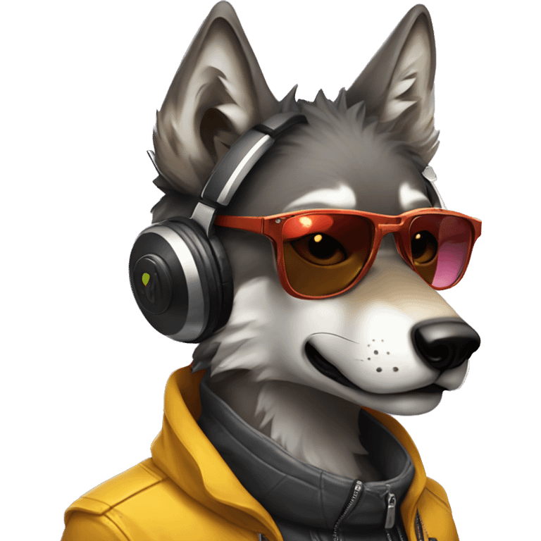 A beautiful cyberpunk Wolf holding a beef wearing sunglass and headphones emoji