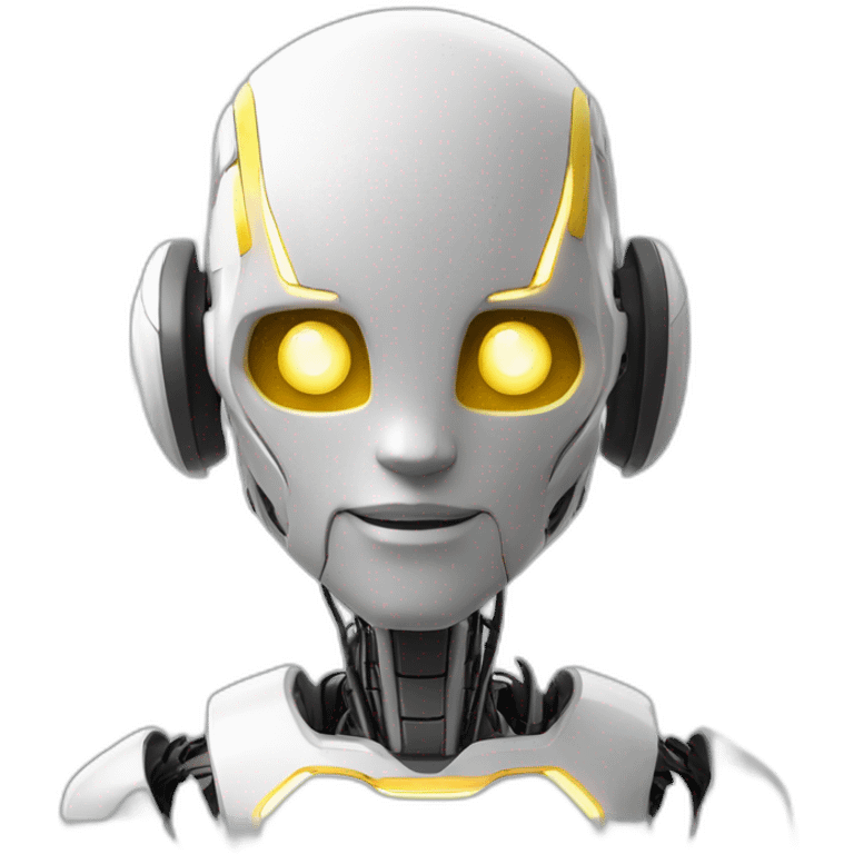 Un robot humanoide con pelo blanco y luzes en su cabeza,ojos de pantalla y de color amarillo emoji