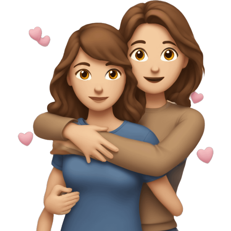 woman with brown short hair hugging a woman with brown long hair with hearts surrounding them emoji