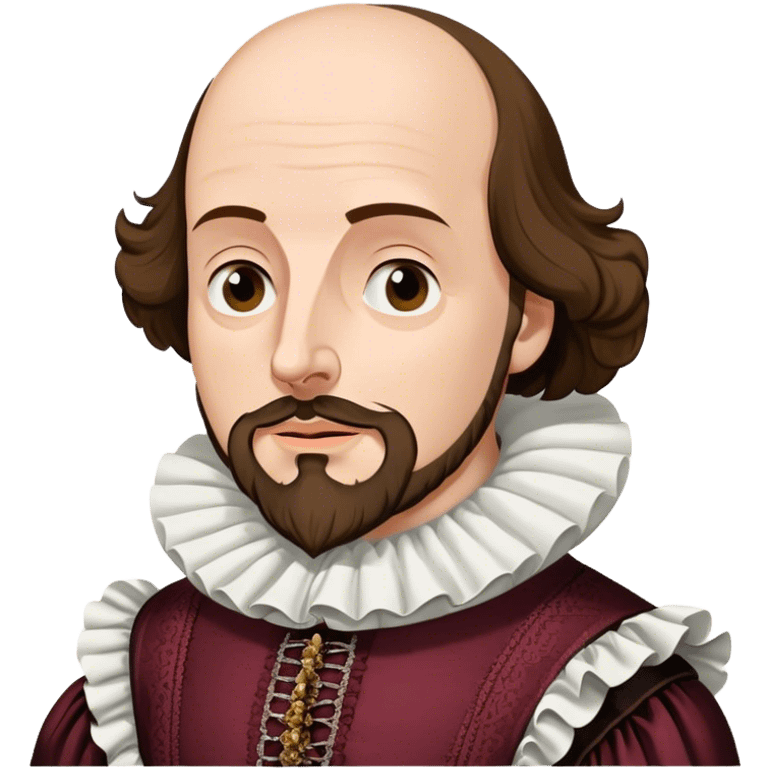 Cinematic Realistic portrait of William Shakespeare, depicted as an iconic playwright in richly detailed Elizabethan attire with a ruffled collar, expressive eyes, and a thoughtful gaze, bathed in dramatic historical lighting that evokes the Bard’s timeless legacy emoji