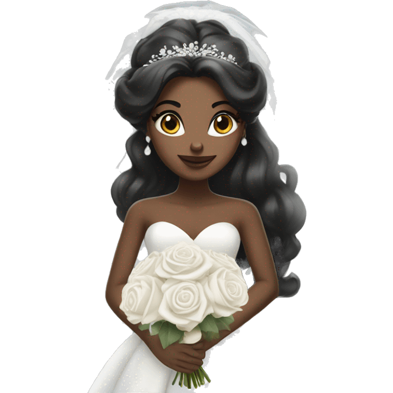 Black hair bride with long white Dress and long white veil and white roses bouquet in hands   emoji