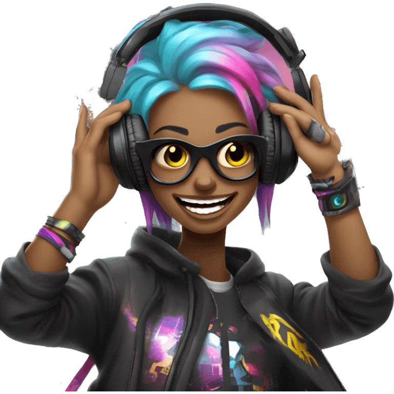 Crazy Raver Smile With headphones and make up making rock with the hands and a cyberpunk city in the background emoji