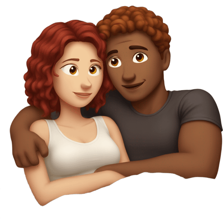 Burgundy haired girl and boyfriend cuddling in bed emoji