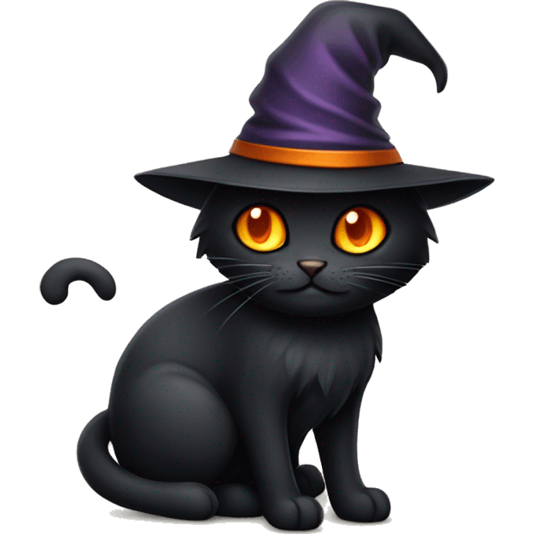 black cat with orange eyes and a witch’s hat emoji