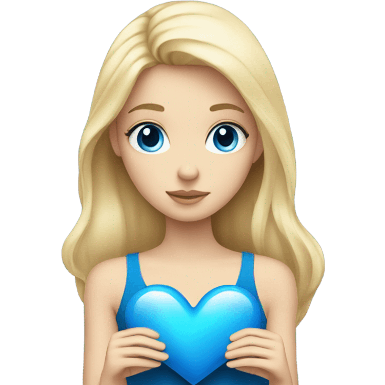 Blonde girl with blue eyes holding a blue heart emoji