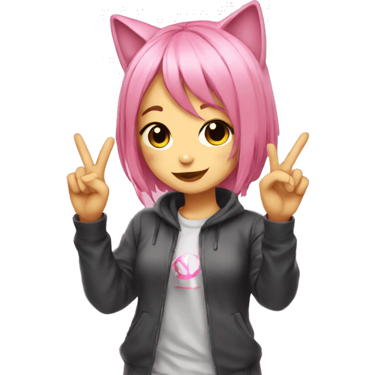 Anime cat girl pink hair giving peace sign emoji