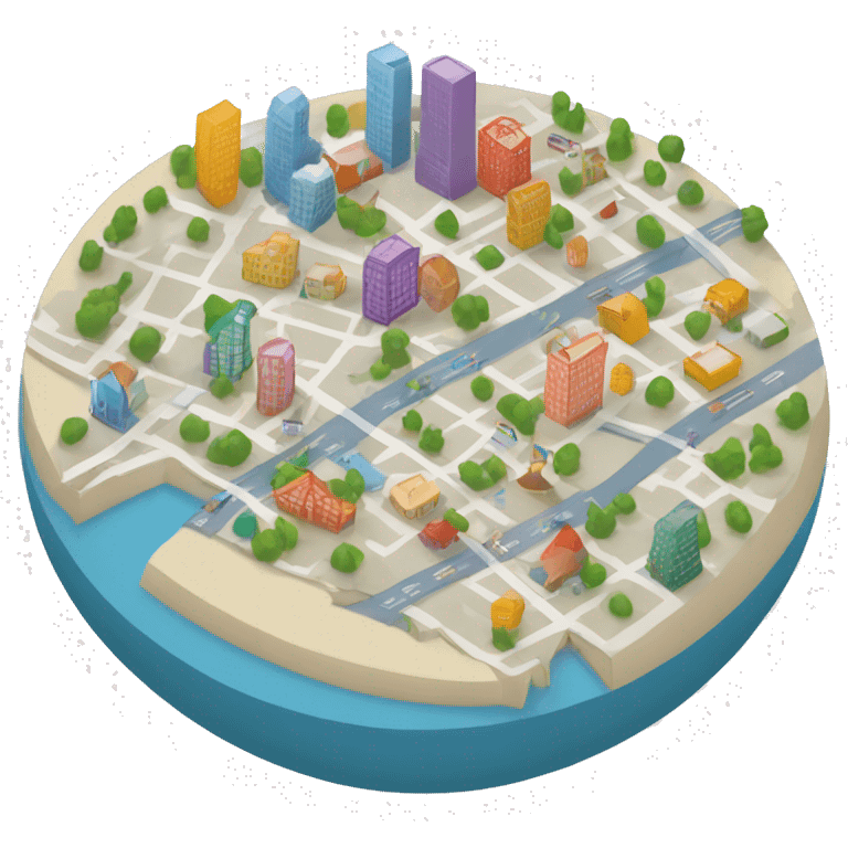 A map of a city with pins of different colors or shapes to represent different geographic locations. emoji