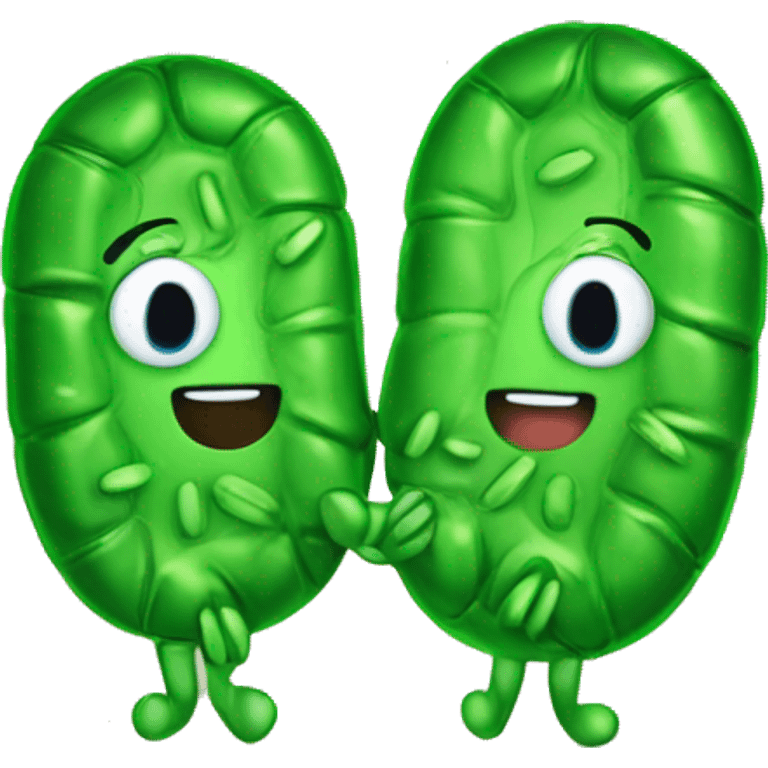 A cell holding hands with a mitochondrial and a chloroplast  emoji