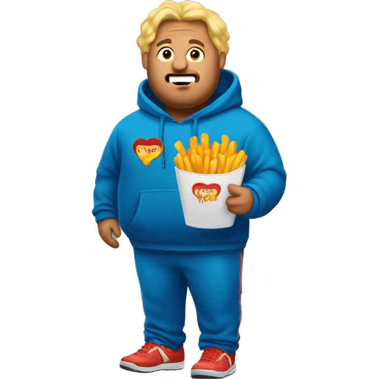 fat blonde man in dirty blue sweatsuit with chili cheese fries in his mouth emoji