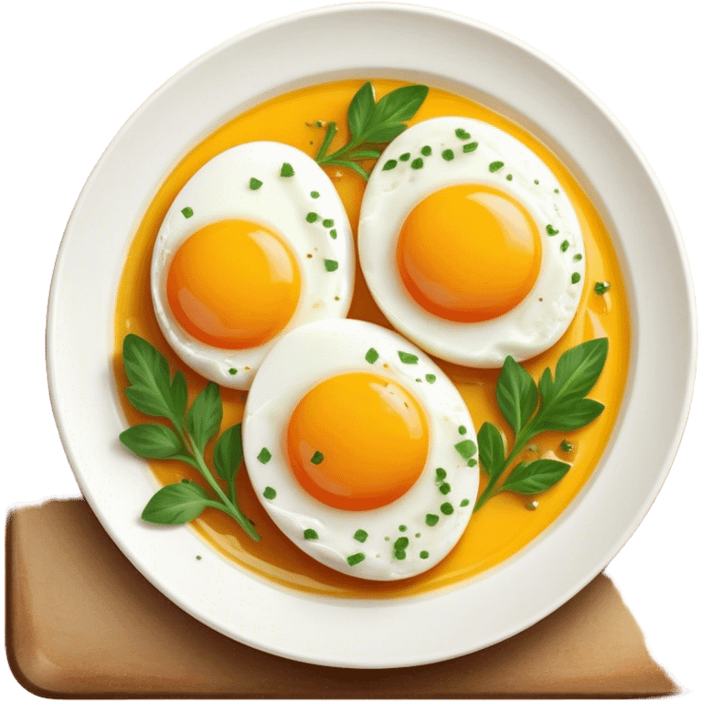 Cinematic sunny-side-up eggs, perfectly cooked with glossy yolks, crispy golden edges, sprinkled with fresh herbs, served on a rustic plate, bright and inviting, highly detailed and appetizing. emoji