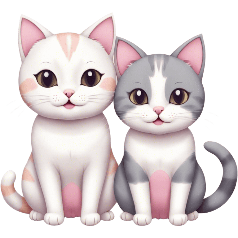 This is a simple and adorable cartoon illustration with a healing-style aesthetic. The image features two cats. The one on the bottom is round and white, with pink blush on its cheeks and a cheerful little mouth, giving it a cute expression. The cat on top is mainly gray and white. Its head, ears, back, and tail are gray, while the center of its face, around its mouth, and its chin are white. Its front paws are also mostly white, and the gray areas form a symmetrical mask-like pattern. Additionally, it has a slight pink blush on its cheeks, making it look very cute. Its expression is calm but slightly lazy. The two cats are stacked on top of each other, resting on a green cushion, creating a warm and delightful scene. emoji