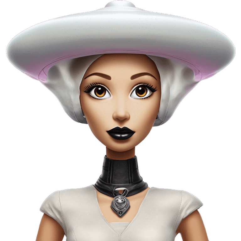 Wholesome UFO alien in Barbie style, oil paint, black eyes, intricate lips, masterpiece portrait, beautiful, desirable, logical, love, peace, understanding emoji