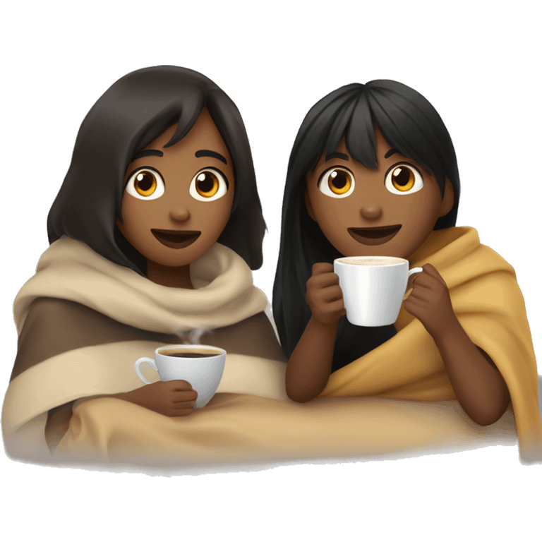 TAN SKIN GIRL WITH BLACK HAIR AND BANGS AND BROWN SKIN BOY WITH BLACK HAIR inside a blanket sipping coffee emoji