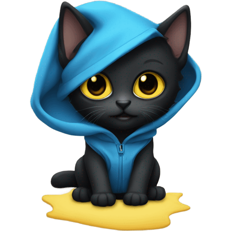 Black kitten with blue hoodie and yellow eyes emoji