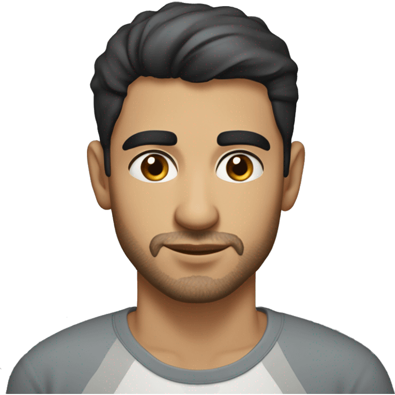 A head and shoulders shot of a 32 year old Middle Eastern man, with short black hair, with none facial hair,   with brown eyes wearing a t-shirt. emoji