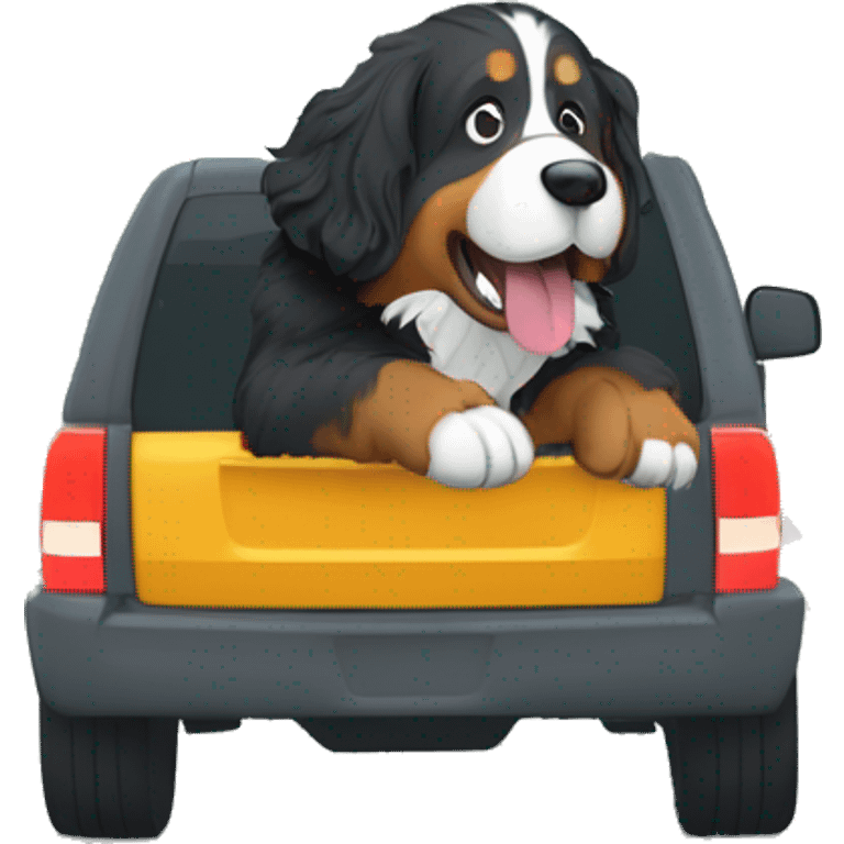 bernese mountain dog driving a gray SUV on a windy treelined road emoji