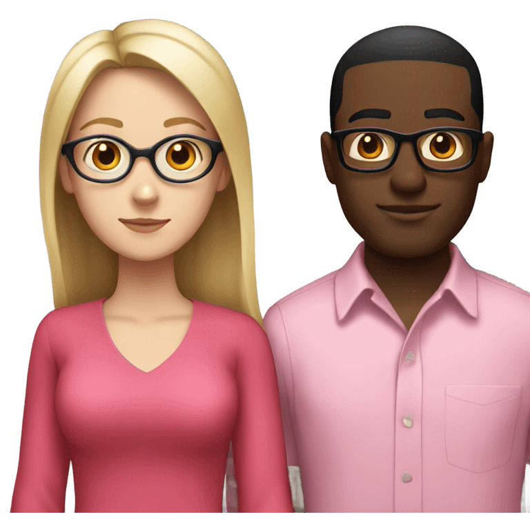 white woman with no glasses wearing a pink dress standing with a black guy with glasses wearing a red shirt emoji