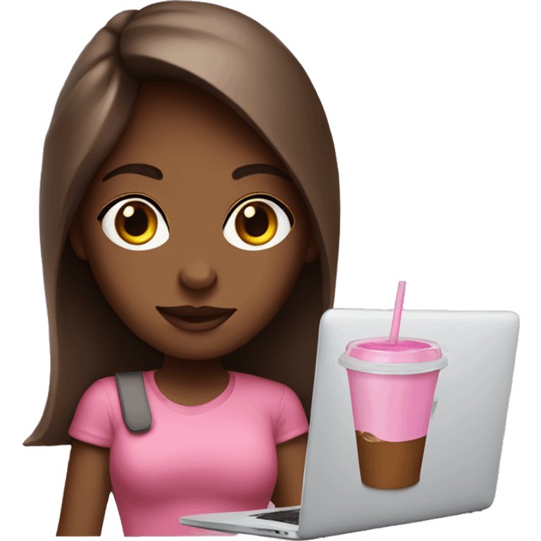 girl with borwn with a pink macbook and iced coffe emoji