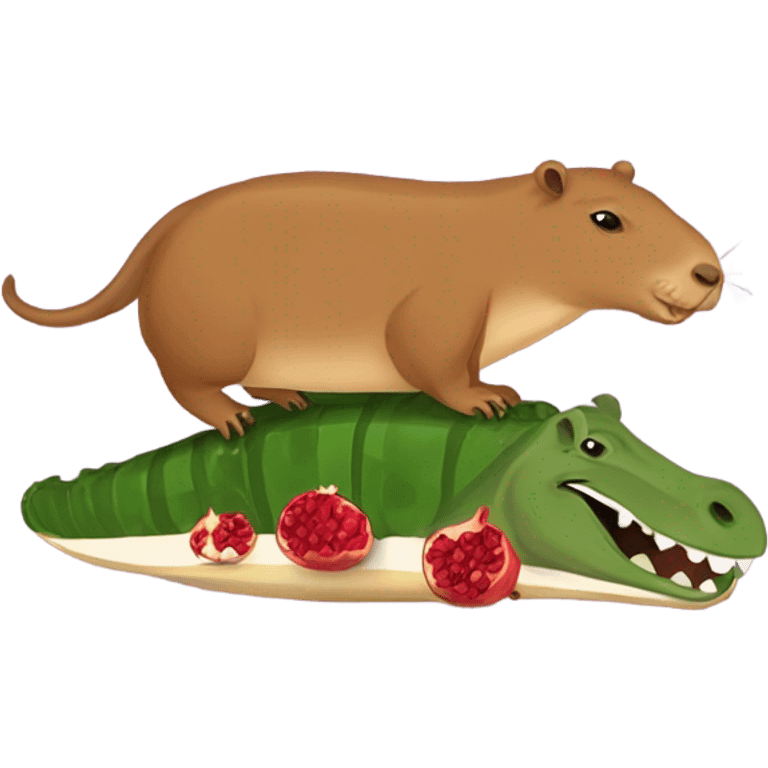 capybara riding an alligator eating a pomegranate  emoji