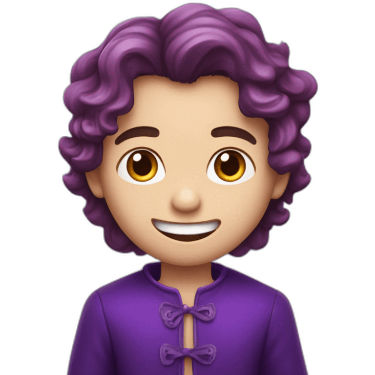 Un garçon qui sourit avec des dent de vampire les cheveux boucler violets emoji