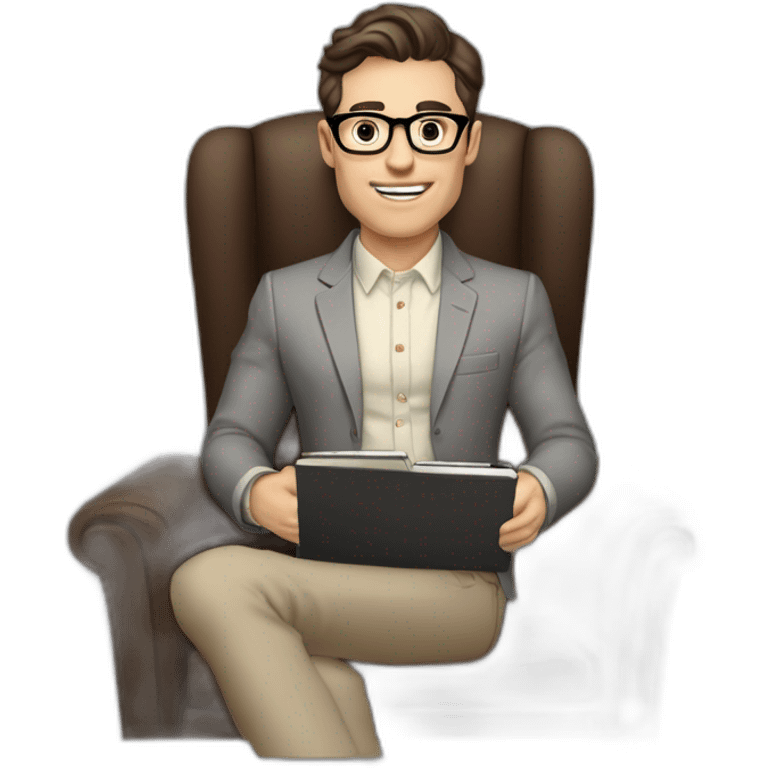 Pale skinned Fit Man With dark brown hair in gray jacket, beige office shirt, Brown pants and vintage glasses sitting In a soft chair with a notebook with emblem Ψ and a pen in his hands emoji