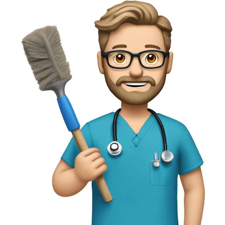 male dark blond haired doctor with grey van dyke beard with hazel eyes and small wire-rimmed glasses in blue scrubs holding a large paintbrush and jigsaw emoji