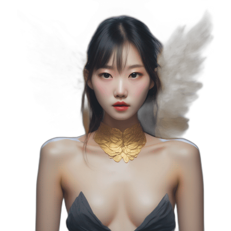 Korean girl-,-david-bellemere,-bare-belly, -wings,-choker,-bathed-in-shadows,-fov-90-degrees,-short-lighting,-I-usm,-cold-colors,-gilded-technique,-extremely-hyper-aesthetic, -absurdres emoji