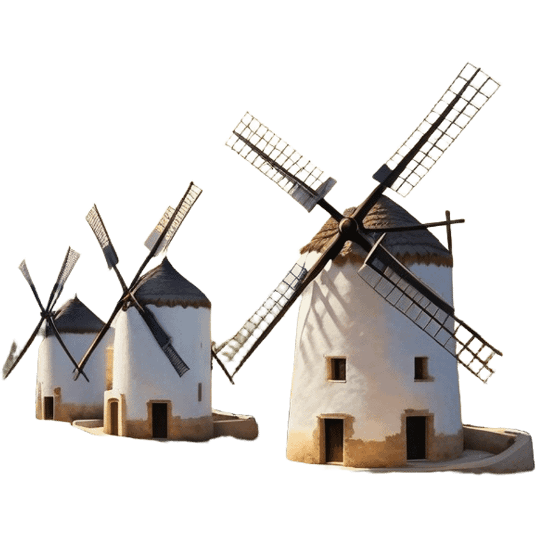 ​Cinematic Realistic Spanish Windmills (Mota del Cuervo), depicted as a cluster of gracefully aged windmills with weathered whitewashed facades and rustic wooden sails, standing proudly on a sunlit, rolling hillside of golden fields and olive groves, rendered with intricate textures and soft natural lighting that captures the timeless rural charm and historical significance of the Spanish landscape, emoji