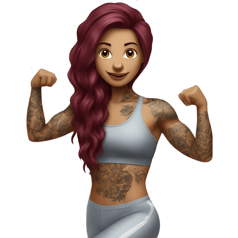 Beautiful tattooed  burgundy long haired woman doing Pilates emoji