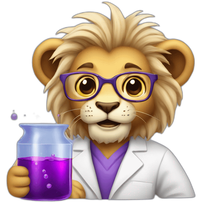 Cute middle aged lion scientist holding a flask of purple liquids emoji