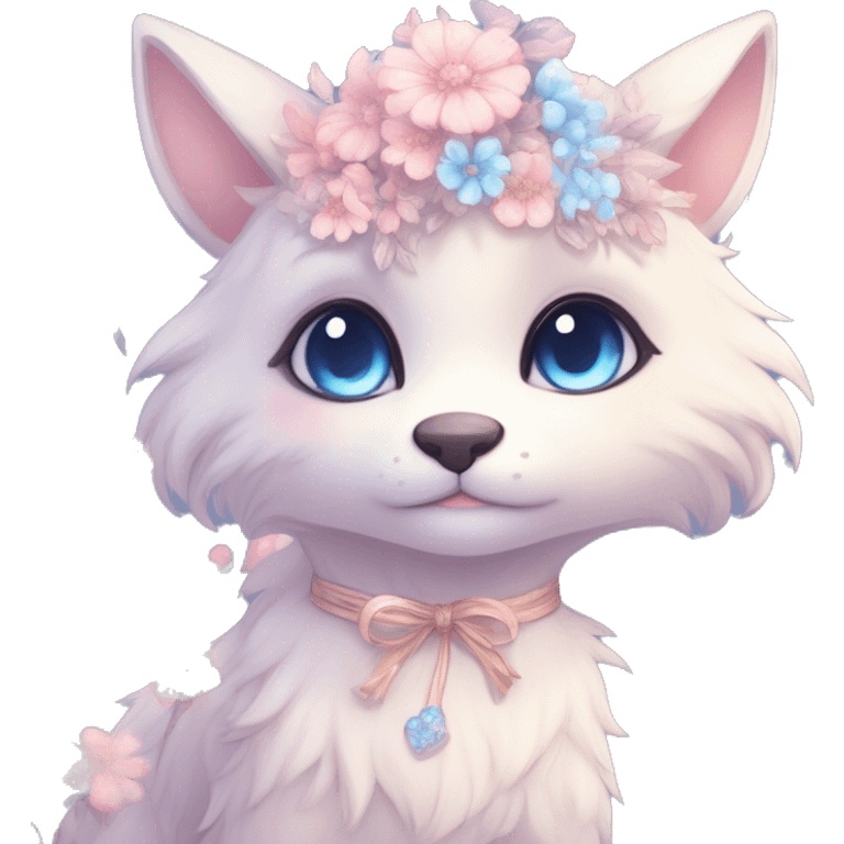 Anthro Cute Cool Blushing Pastel Innocent Shy Kawaii gorgeous sparkly ethereal fantasy animal creature with blue eyes furry sona with flowers and ribbons beautiful aesthetic emoji