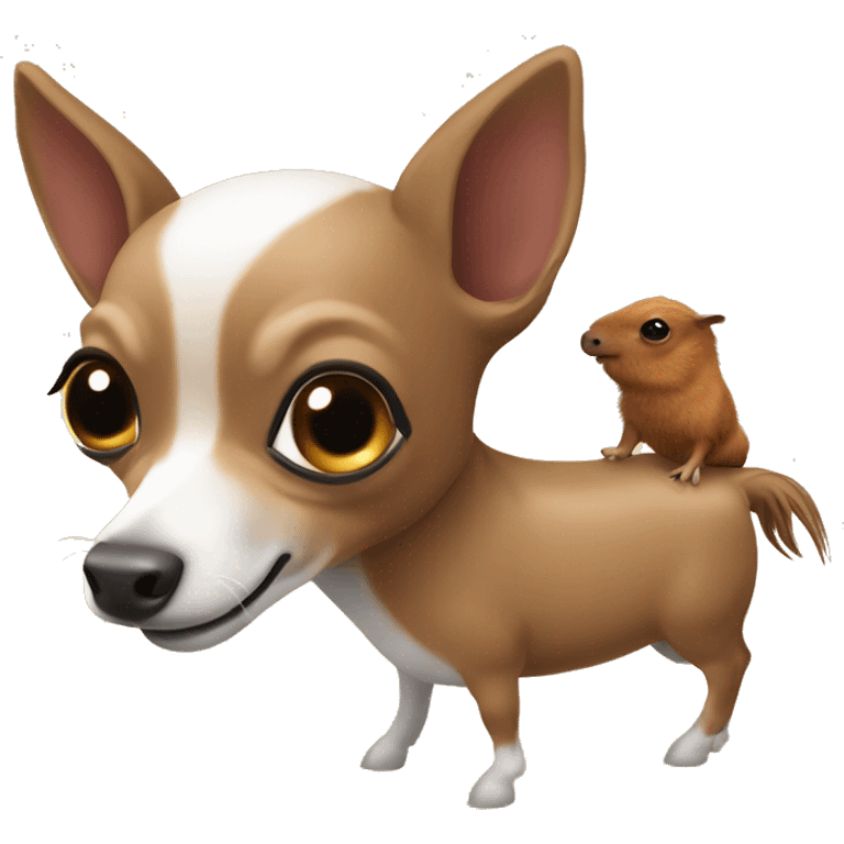 Un chihuahua montado en un pony con un capibara emoji