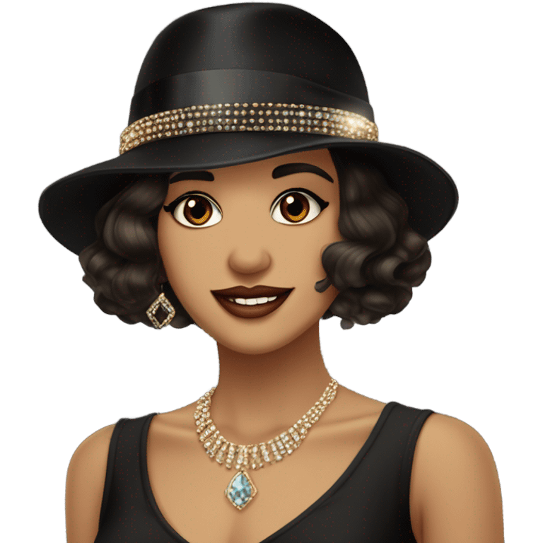 Flapper feminine brown eyes black hat jeweled flapper style  hat earrings wavy dark hair smirk emoji