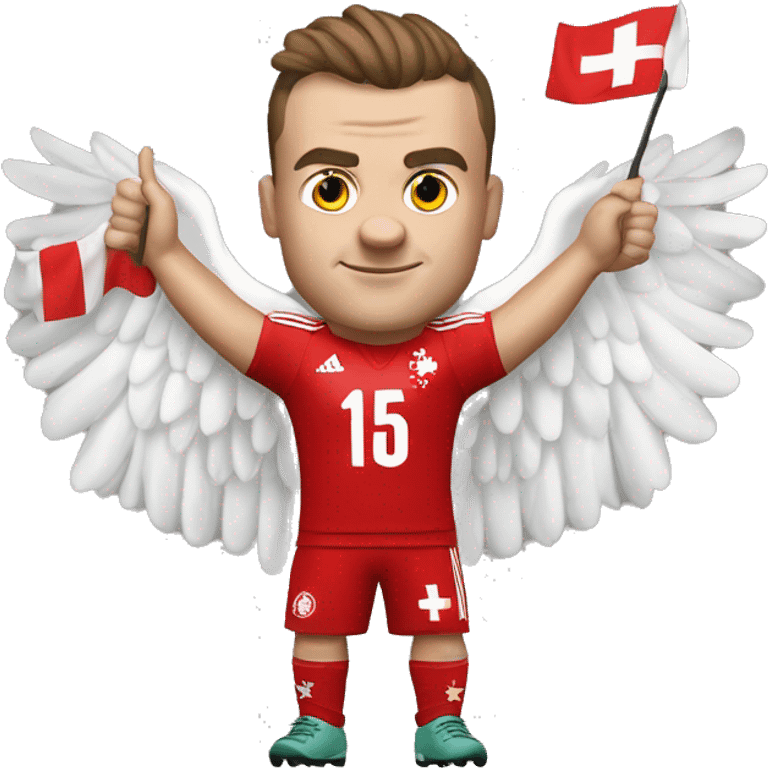 Xherdan Shaqiri showing a Eagle whith his hands and having a swiss trikott emoji