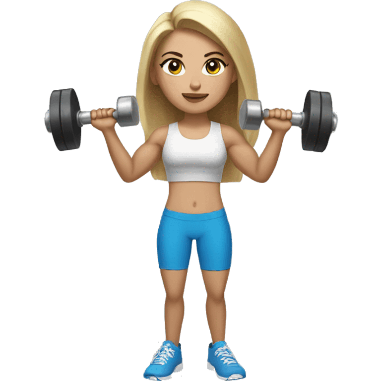 brunette girl with blonde highlights and light skin and blue eyes holding a dumbbell while having big arms  emoji